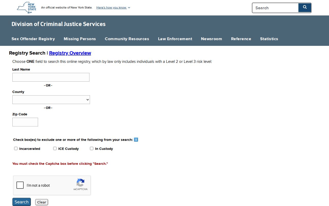 Columbia County sex offender lookup fields in the New York registry